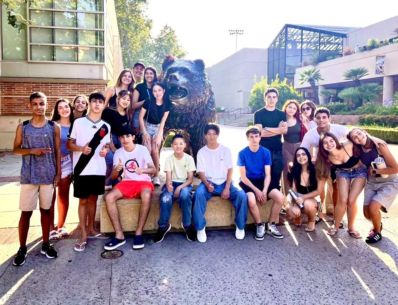 ELC students gathered around the Bruin Bear statue on the UCLA campus in Westwood
