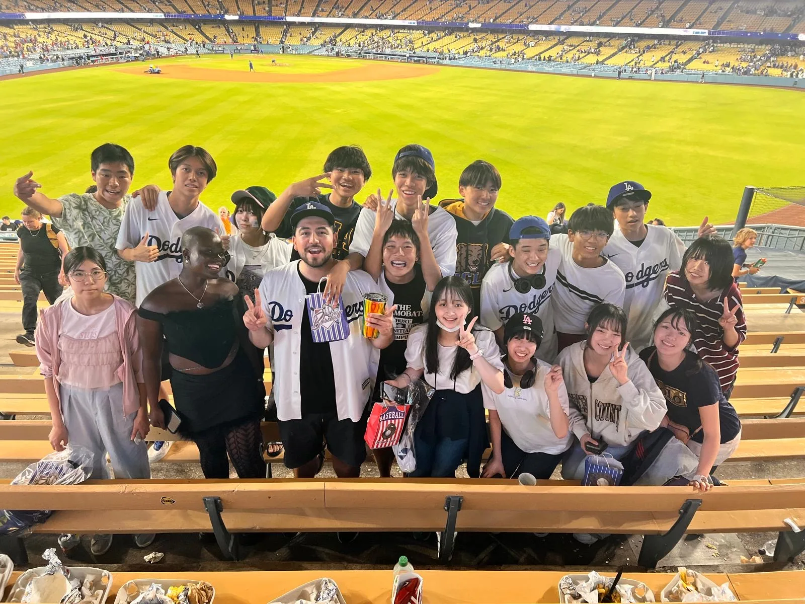 ELC students in the stands at Dodger Stadium in Los Angeles, with the field behind them