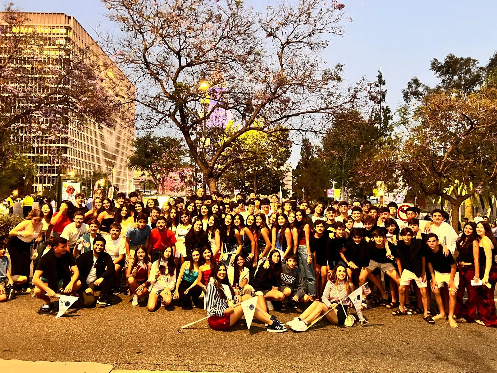 The whole ELC summer camp gathered for a group photo on the UCLA campus at dusk