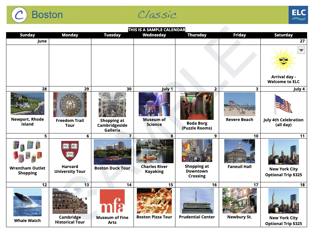 Boston sample activity and excursion calendar