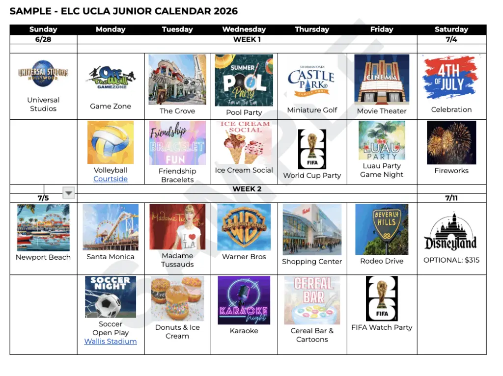 UCLA sample activity and excursion calendar