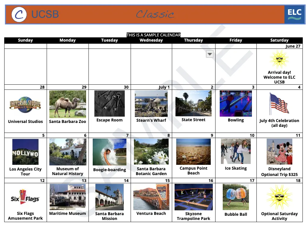 UCSB sample activity and excursion calendar